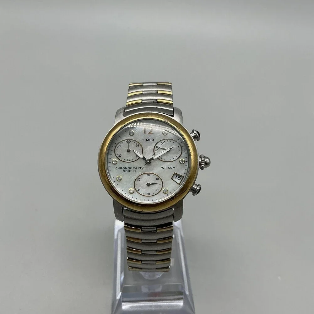 Timex Chronograph Indiglo Womens Watch 31mm MOP Date Two Tone New Battery